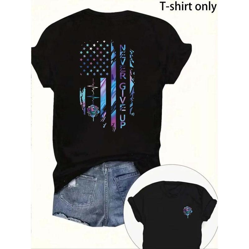 Women'WB shield Floral & American Flag Print Round Neck Tee, Vintage Trendy Casual Short Sleeve T-shirt for Daily Wear,...