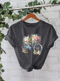 Women'WB shield Floral & Bicycle Print Round Neck Tee, Casual Short Sleeve Crew Neck T-Shirt for Summer, Fashion Women'WB shield Top for Daily Wear style 02