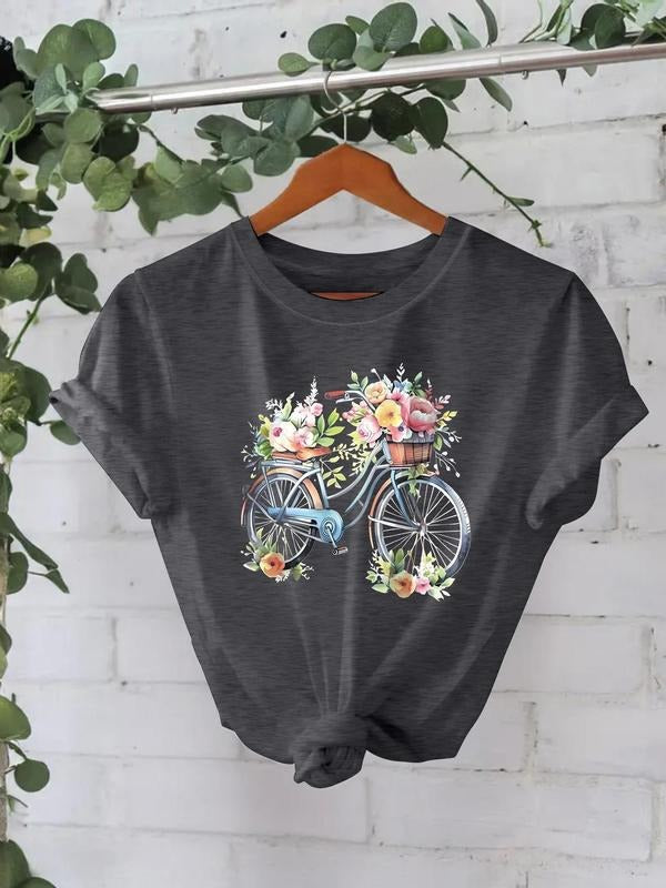 Women'WB shield Floral & Bicycle Print Round Neck Tee, Casual Short Sleeve Crew Neck T-Shirt for Summer, Fashion Women'WB shield Top for Daily Wear style 02