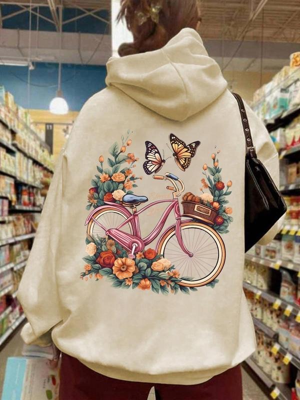 Women'WB shield Floral & Bicycle Print TNF Lined Hoodie, Fashion Casual Drawstring Pocket Hooded Sweatshirt for Daily...