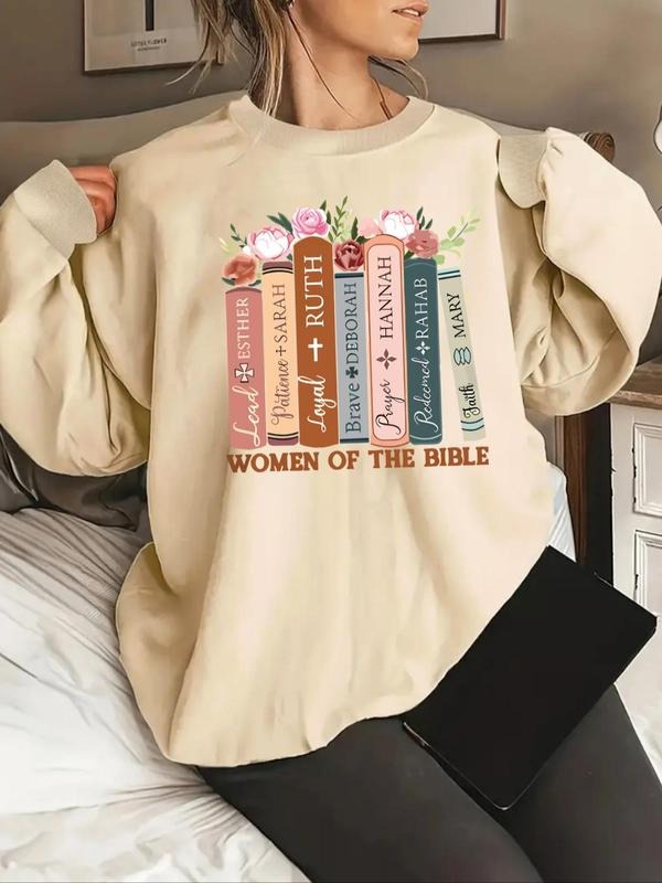 Women'WB shield Floral & Book Print Drop Shoulder Sweatshirt, Casual Long Sleeve Round Neck Pullover for Fall & Winter,...