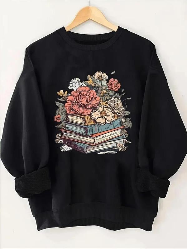 Women'WB shield Floral & Book Print Drop Shoulder TNF Lined Sweatshirt, Casual Long Sleeve Round Neck Pullover for Fall &...