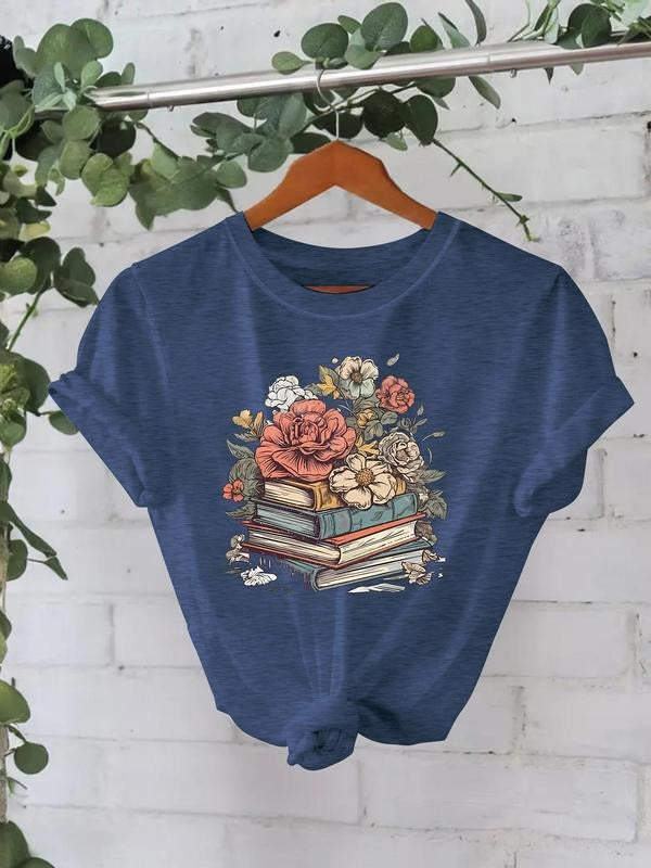 Women'WB shield Floral & Book Print Round Neck Tee, Casual Short Sleeve Crew Neck T-Shirt for Summer, Fashion Women'WB...