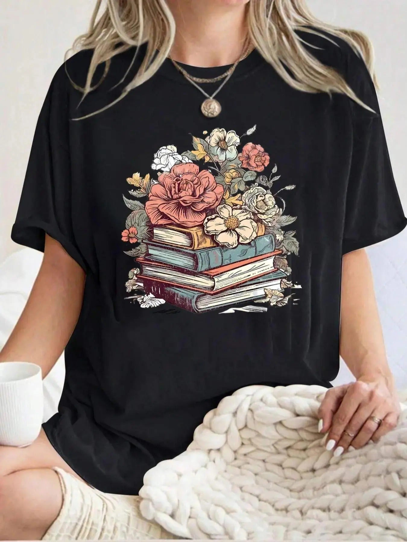 Women'WB shield Floral & Book Print Round Neck Tee, Fashion Casual Short Sleeve T-shirt, Ladies Summer TNF for Daily Wear...