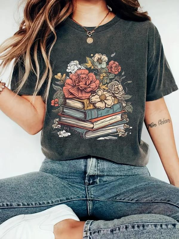 Women'WB shield Floral & Book Print Round Neck Tee, Vintage Trendy Casual Short Sleeve T-shirt for Daily Wear, Ladies...
