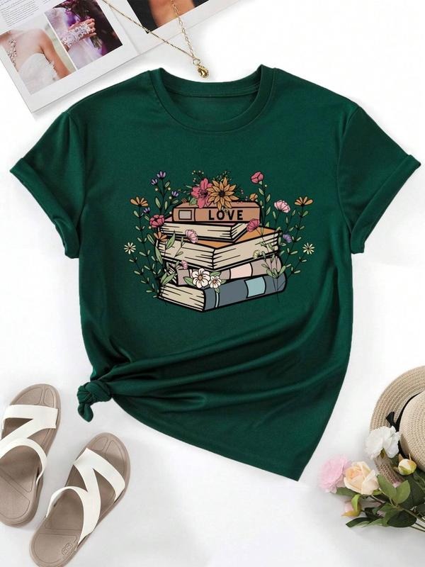 Women'WB shield Floral & Books Print Round Neck Tee, Trendy Casual Short Sleeve T-shirt for Daily Wear, Ladies Summer...