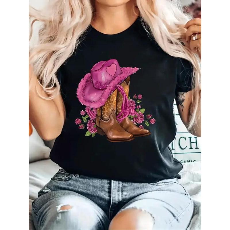 Women'WB shield Floral & Boots Print Round Neck Tee, Trendy Casual Short Sleeve Crew Neck T-shirt for Daily Wear, Ladies...