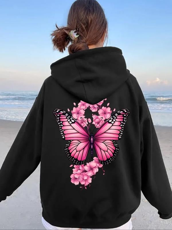 Women'WB shield Floral & Butterfly Print Drop Shoulder Hoodie, Fashion Casual Drawstring Pocket Hooded Sweatshirt for...