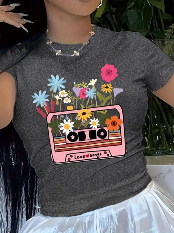 Women'WB shield Floral & Cassette Print Round Neck Tee, Trendy Casual Crew Neck Short Sleeve T-shirt for Daily Wear,...