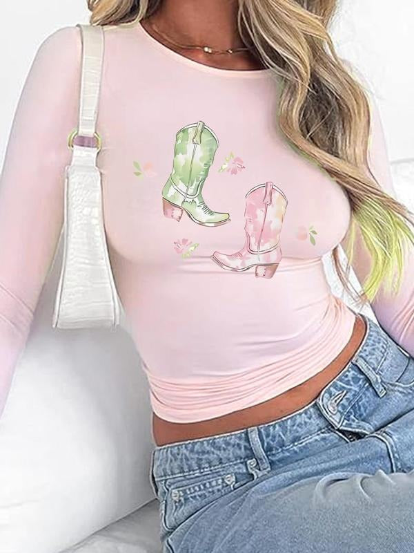 Women'WB shield Floral & Cowboy Boots Print Round Neck Tee, Y2K Trendy Casual Long Sleeve T-shirt for Daily Wear, Ladies...