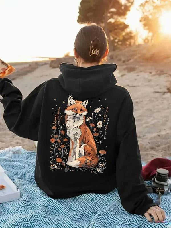 Women'WB shield Floral & Fox Print Drop Shoulder Hoodie, Fashion Casual Drawstring Pocket Hooded Sweatshirt for Daily...
