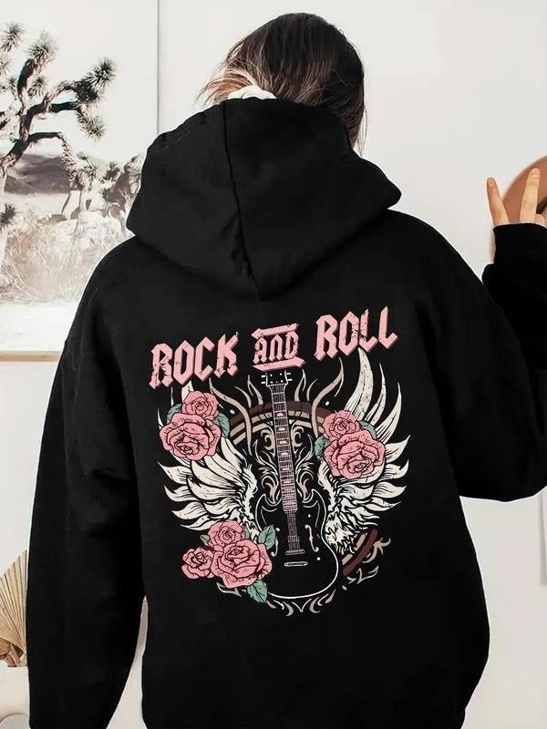 Women'WB shield Floral & Guitar & Letter Print Drop Shoulder Hoodie, Fashion Casual Drawstring Pocket Hooded Sweatshirt...