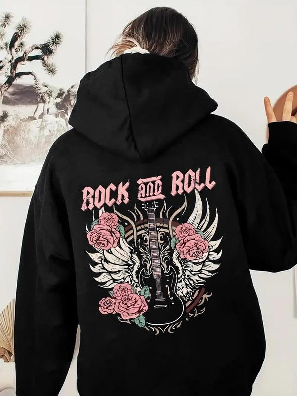 Women'WB shield Floral & Guitar Print Pocket Hoodie, Casual Long Sleeve Hooded Sweatshirt for Fall & Winter, Women'WB...