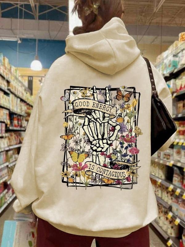Women'WB shield Floral & Halloween Skeleton Print Drop Shoulder Hoodie, Fashion Casual Drawstring Pocket Hooded...