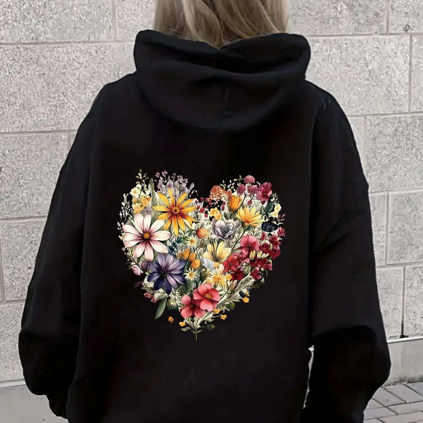 Women'WB shield Floral & Heart Print Drop Shoulder Hoodie, Fashion Casual Drawstring Pocket Hooded Sweatshirt for Daily...