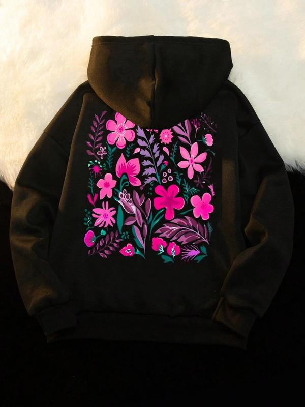 Women'WB shield Floral & Leaf Print Drop Shoulder Hoodie, Fashion Casual Drawstring Pocket Hooded Sweatshirt for Daily...