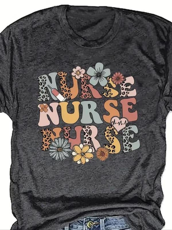 Women'WB shield Floral & Leopard Letter Print Round Neck Tee, Casual Short Sleeve Crew Neck T-Shirt for Summer, Fashion...