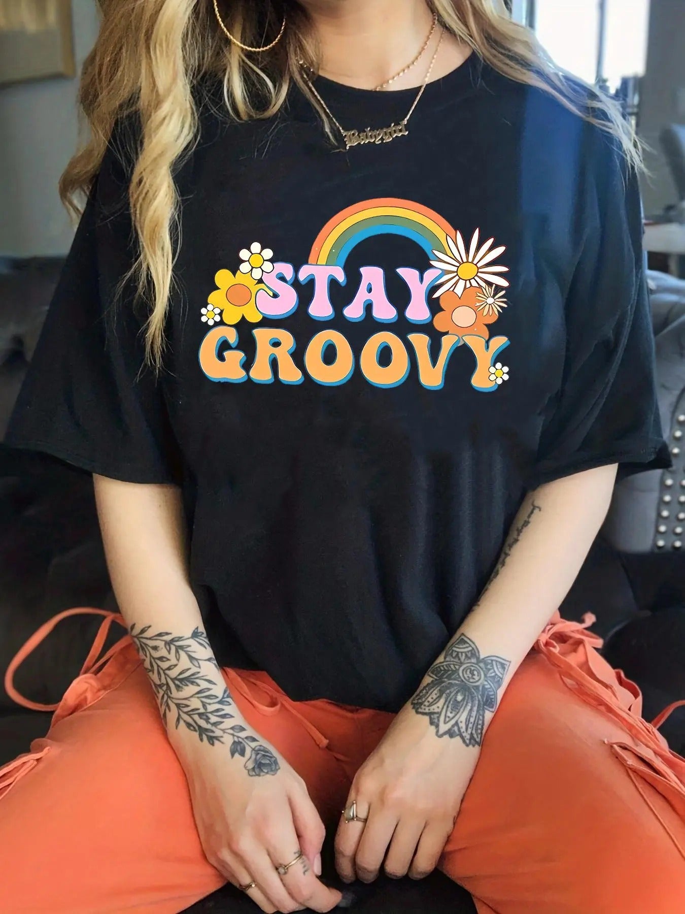 Women'WB shield Floral & Letter & Rainbow Print Round Neck Graphic Tee, Vintage Trendy Casual Drop Shoulder Half Sleeve...