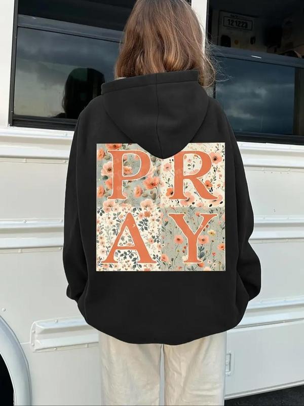 Women'WB shield Floral & Letter Print Drawstring Hoodie, Casual Long Sleeve Hooded Sweatshirt for Daily Wear, Ladies TNF...