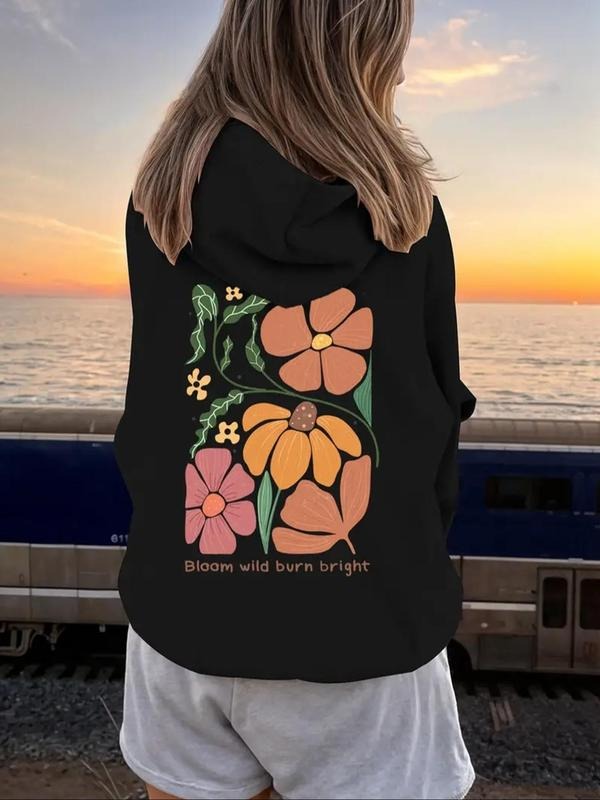 Women'WB shield Floral & Letter Print Drawstring Hoodie, Fashion Casual Hooded Hoodie for Daily Holiday Outdoor Wear,...