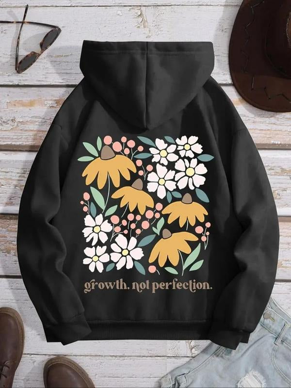 Women'WB shield Floral & Letter Print Drawstring Hoodie, Fashion Casual Hooded Sweatshirt for Daily Holiday Outdoor Wear, Women Clothing for Fall & Winter style 06