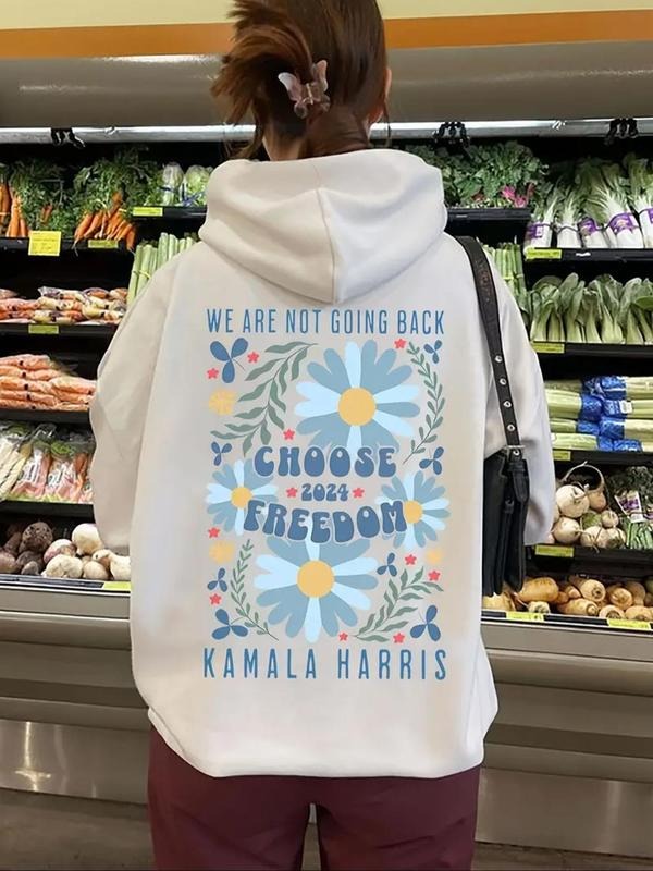 Women'WB shield Floral & Letter Print Drawstring Hoodie, Fashion Casual Hooded Sweatshirt for Daily Holiday Outdoor Wear, Women Clothing for Fall & Winter style 10