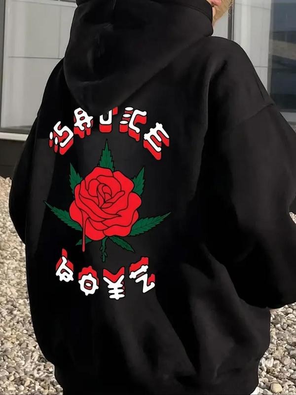 Women'WB shield Floral & Letter Print Drawstring Hoodie, Fashion Casual Pocket Hooded Sweatshirt for Daily Holiday...