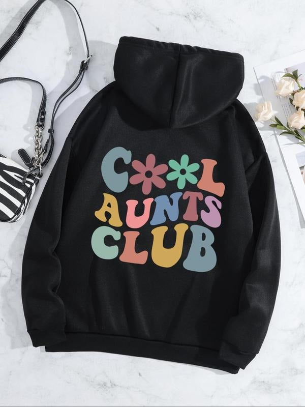 Women'WB shield Floral & Letter Print Drawstring Pocket Drop Shoulder Hoodie, Fashion Casual Hooded Long Sleeve Pullover...