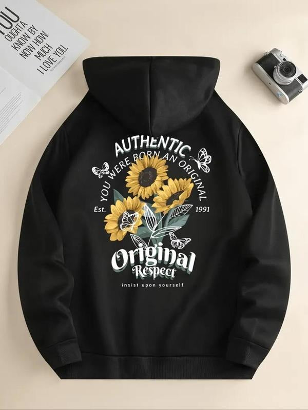 Women'WB shield Floral & Letter Print Drawstring Pocket Hoodie, Fashion Casual Hooded Sweatshirt for Daily Holiday...