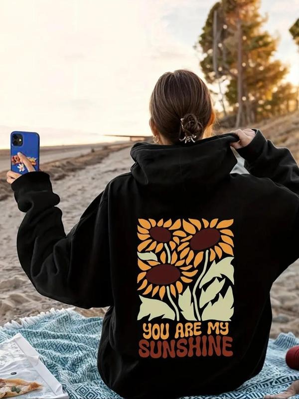 Women'WB shield Floral & Letter Print Drawstring Pocket Hoodie, Swoosh Count Casual Hooded Sweatshirt for Daily Outdoor...