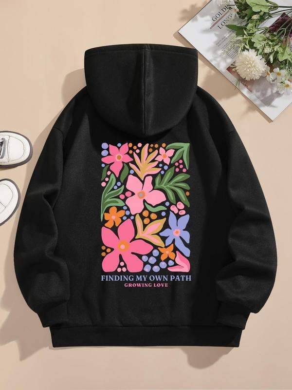 Women'WB shield Floral & Letter Print Drop Shoulder Drawstring Hoodie, Fashion Casual Pocket Hooded Sweatshirt for Daily...