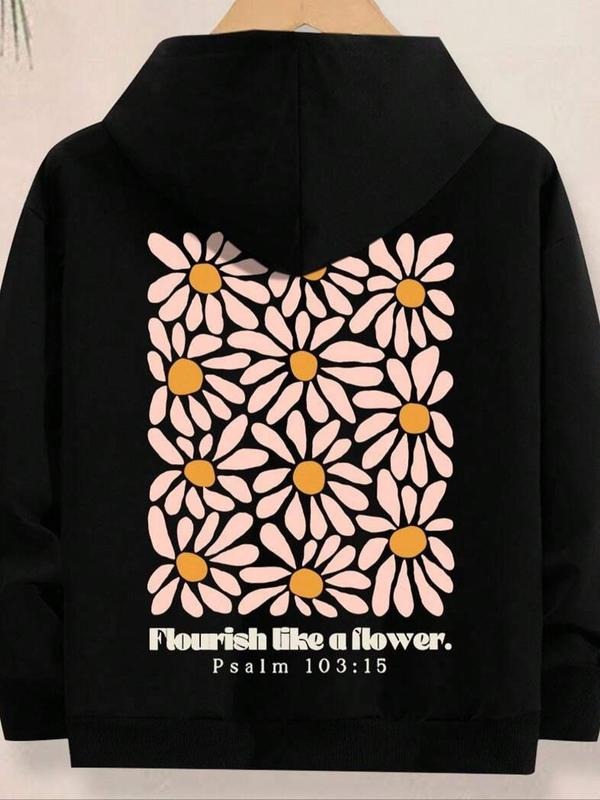 Women'WB shield Floral & Letter Print Drop Shoulder Hoodie, Fashion Casual Drawstring Pocket Hooded Sweatshirt for Daily Holiday Outdoor Wear, Women Clothing for Fall & Winter style 02