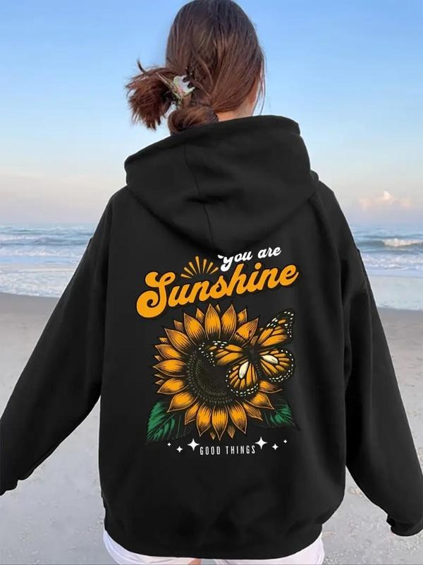Women'WB shield Floral & Letter Print Drop Shoulder Hoodie, Fashion Casual Drawstring Pocket Hooded Sweatshirt for Daily...