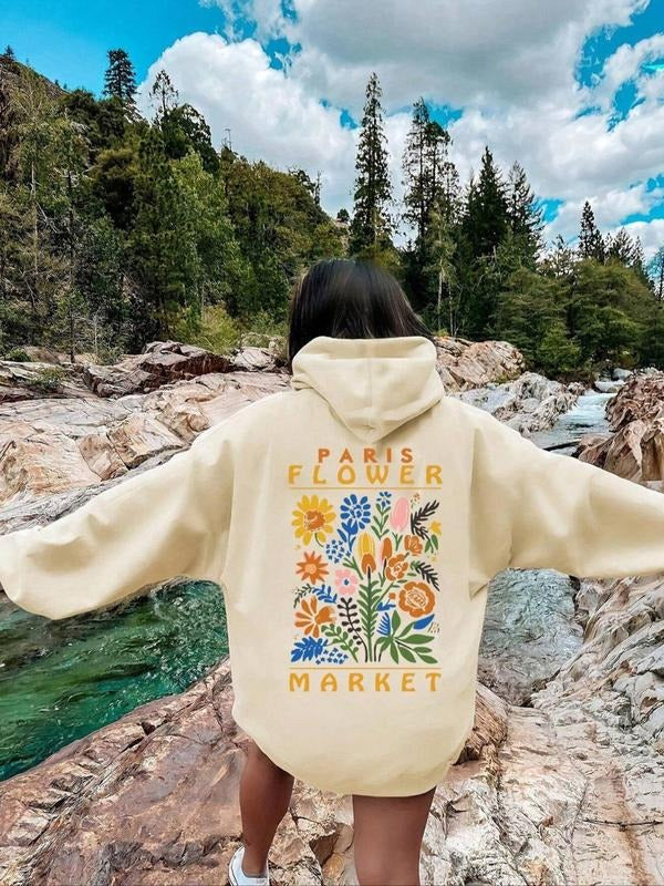 Women'WB shield Floral & Letter Print Drop Shoulder Hoodie, Fashion Casual Drawstring Pocket Hooded Sweatshirt for Daily...