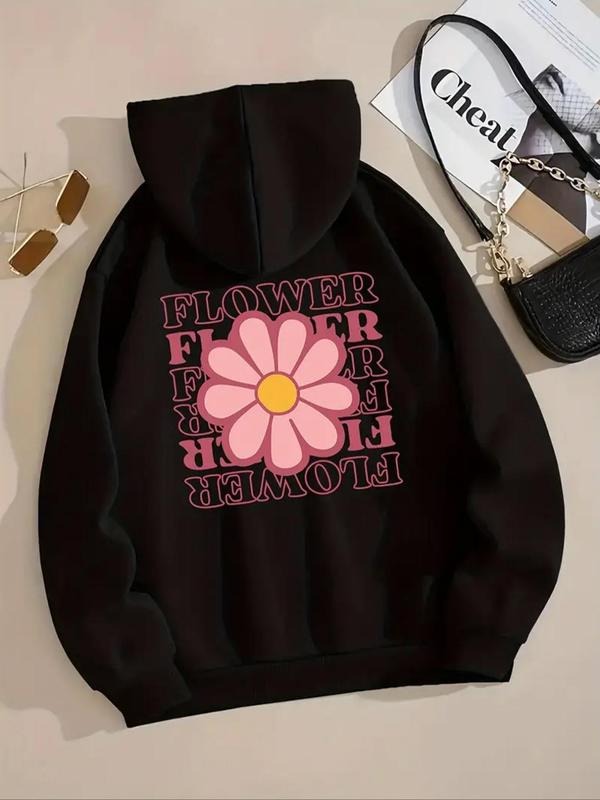 Women'WB shield Floral & Letter Print Drop Shoulder Hoodie, Fashion Casual Drawstring Pocket Hooded Sweatshirt for Daily...