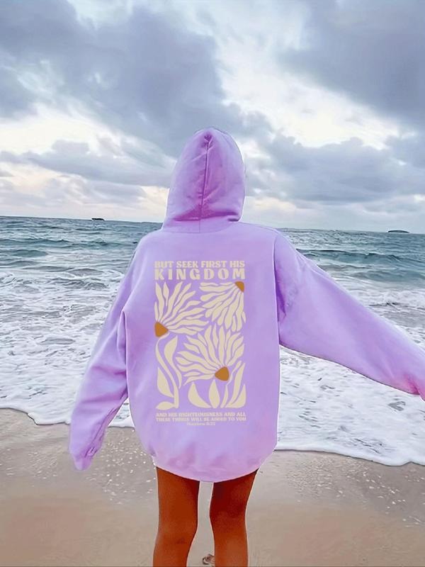 Women'WB shield Floral & Letter Print Drop Shoulder Hoodie, Fashion Casual Drawstring Pocket Hooded Sweatshirt for Daily...