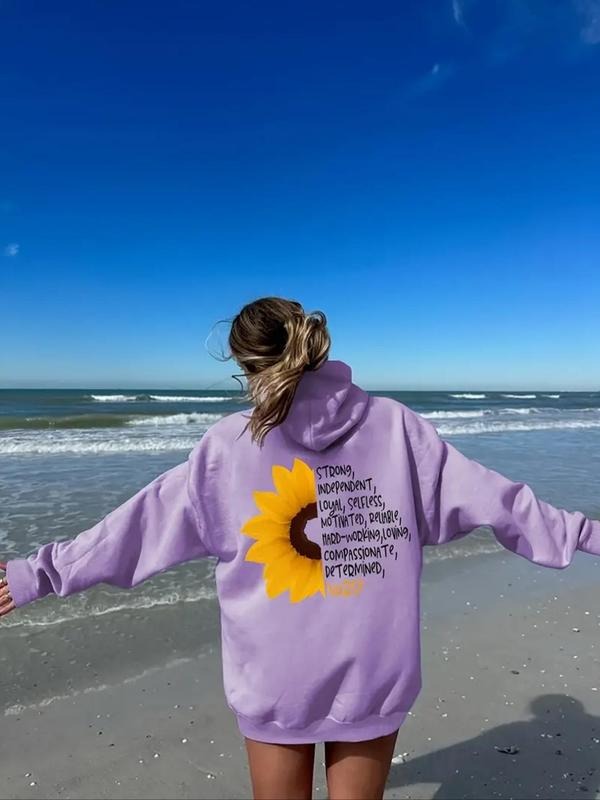 Women'WB shield Floral & Letter Print Drop Shoulder Hoodie, Fashion Casual Drawstring Pocket Hooded Sweatshirt for Daily Holiday Outdoor Wear, Women Clothing for Fall & Winter style 33