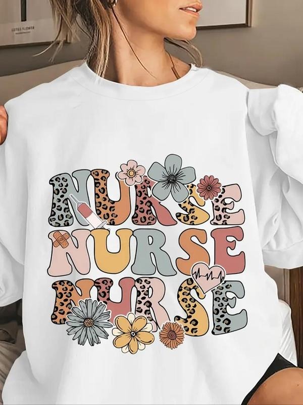 Women'WB shield Floral & Letter Print Drop Shoulder Pullover, Fashion Casual Crew Neck Sweatshirt for Daily Holiday Outdoor Wear, Women Clothing for Fall & Winter