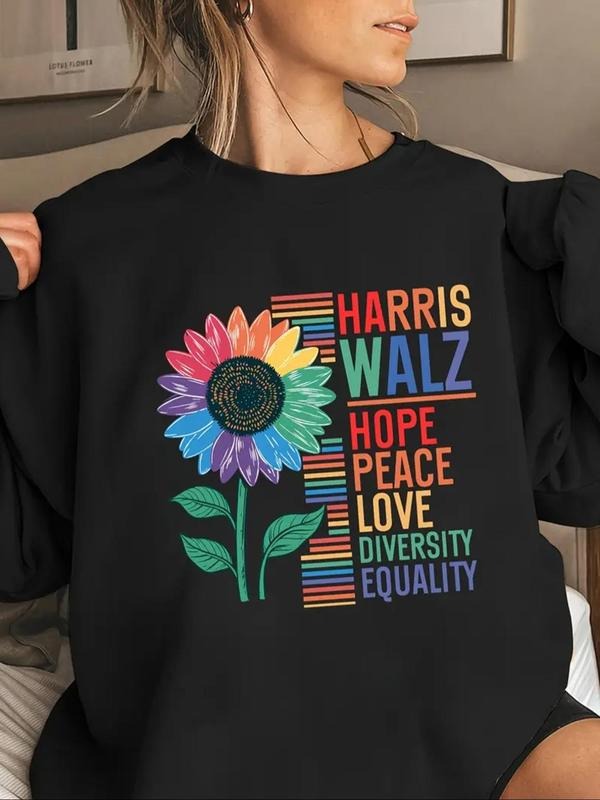 Women'WB shield Floral & Letter Print Drop Shoulder Pullover, Fashion Casual Long Sleeve Crew Neck Sweatshirt for Daily...