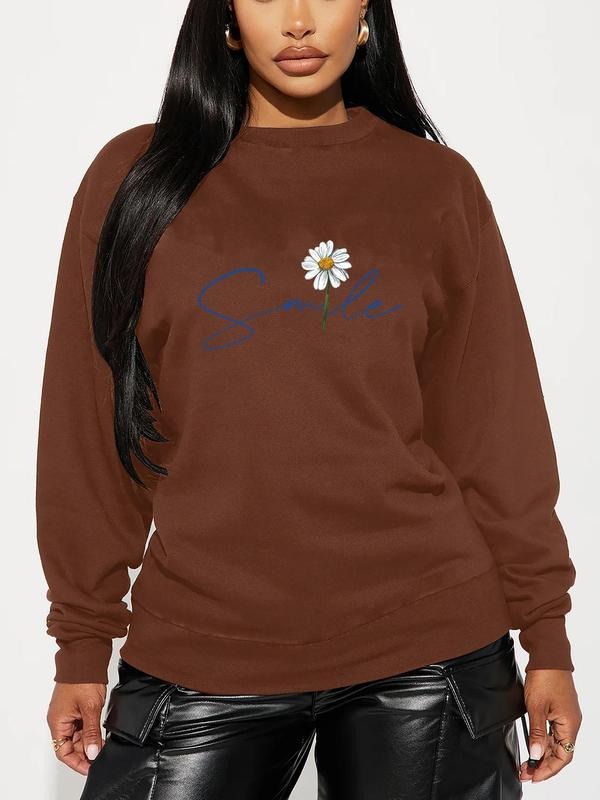 Women'WB shield Floral & Letter Print Drop Shoulder Sweatshirt, Casual Long Sleeve Round Neck Pullover for Daily Wear,...
