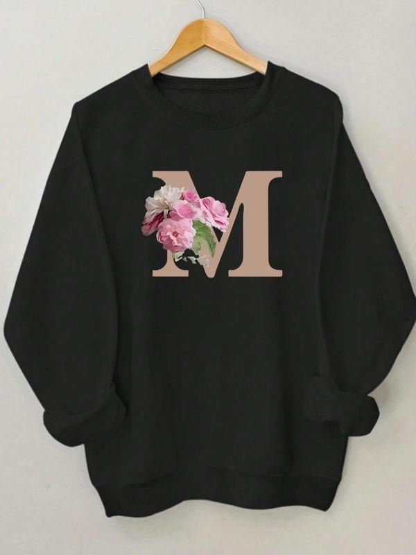 Women'WB shield Floral & Letter Print Drop Shoulder Sweatshirt, Casual Long Sleeve Round Neck Pullover for Fall & Winter,...
