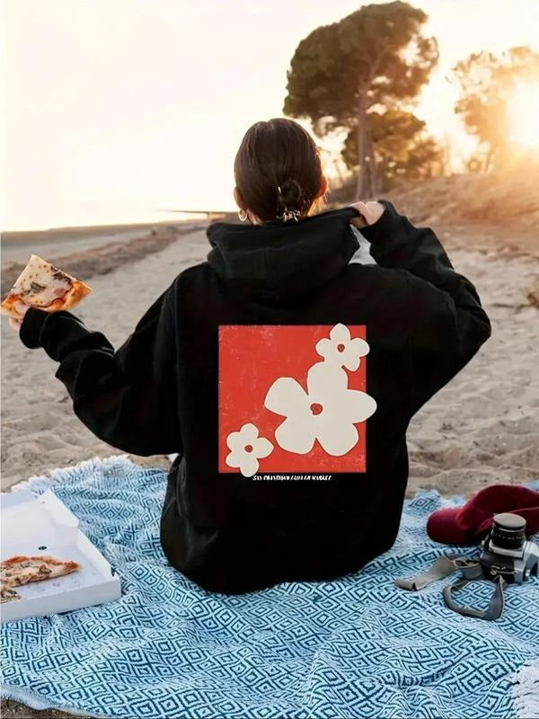 Women'WB shield Floral & Letter Print Drop Shoulder TNF Lined Hoodie, Fashion Casual Drawstring Pocket Hooded Sweatshirt...