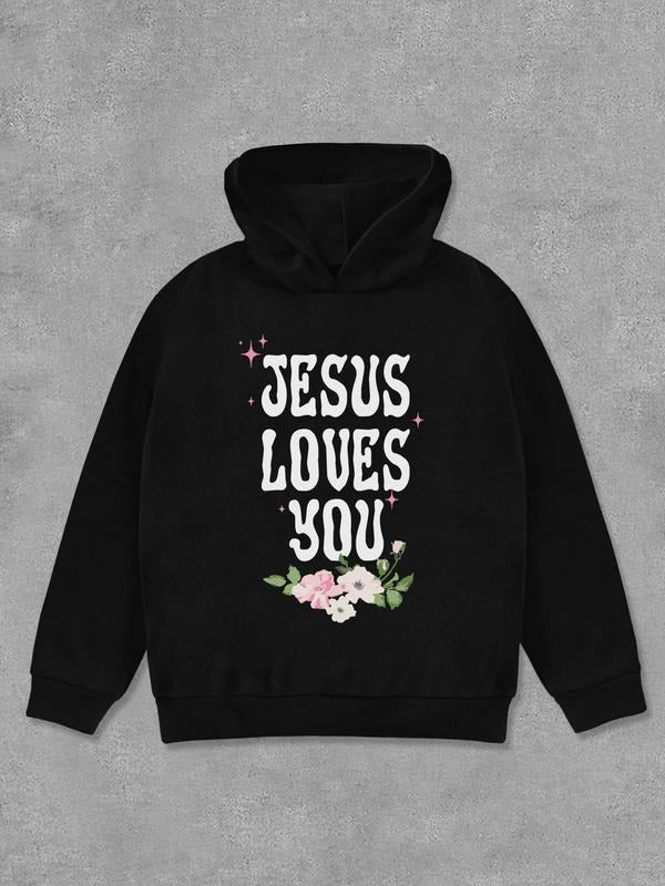 Women'WB shield Floral & Letter Print Hoodie, Fashion Casual Long Sleeve Hooded Sweatshirt for Daily Holiday Outdoor Wear, Ladies TNF for Fall & Winter