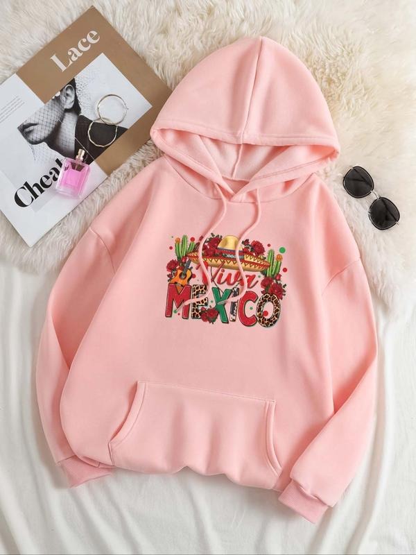 Women'WB shield Floral & Letter Print Kangaroo Pocket Hoodie, Fashion Casual Long Sleeve Hooded Sweatshirt for Daily...