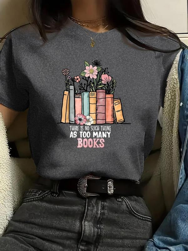 Women'WB shield Floral & Letter Print Round Neck Graphic Tee, Vintage Trendy Casual Book Graphic Short Sleeve T-shirt for...