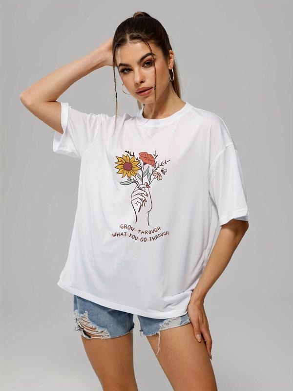 Women'WB shield Floral & Letter Print Round Neck Graphic Tee, Vintage Trendy Casual Drop Shoulder Short Sleeve T-shirt...