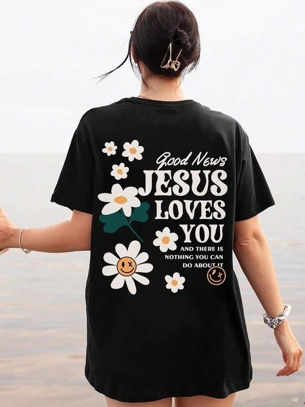 Women'WB shield Floral & Letter Print Round Neck Graphic Tee, Vintage Trendy Casual Drop Shoulder Short Sleeve T-shirt...