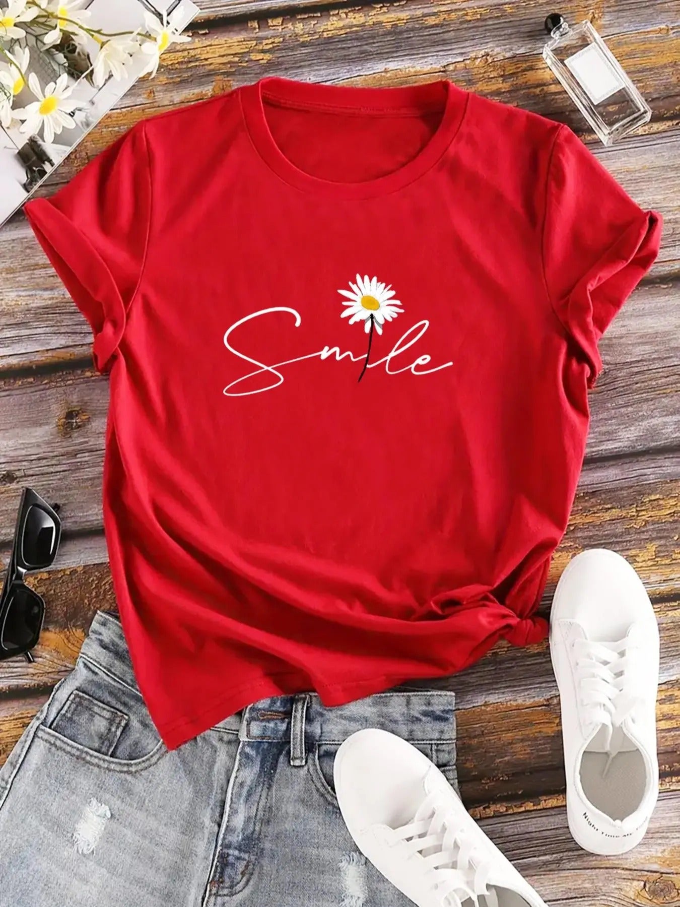 Women'WB shield Floral & Letter Print Round Neck Graphic Tee, Vintage Trendy Casual Short Sleeve T-shirt For Daily Wear,...