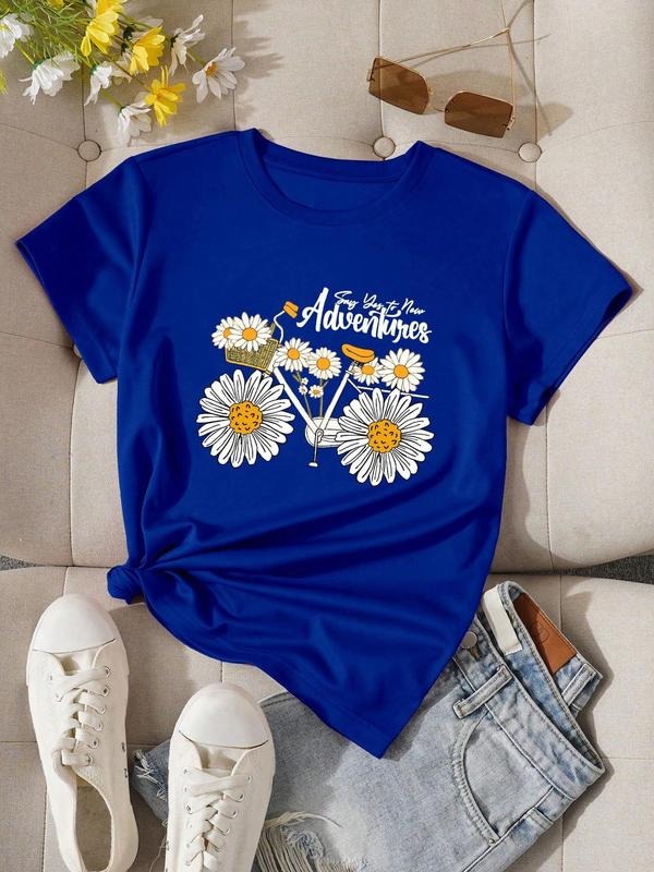 Women'WB shield Floral & Letter Print Round Neck Graphic Tee, Vintage Trendy Casual Short Sleeve T-shirt For Daily Wear,...