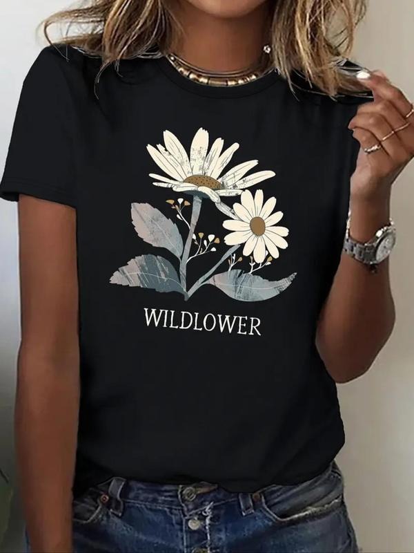 Women'WB shield Floral & Letter Print Round Neck Graphic Tee, Vintage Trendy Casual Short Sleeve T-shirt For Daily Wear,...
